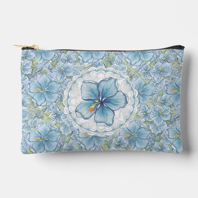 Pochette À Accessoires Hibiscus & dentelle TURQUOISE (Recto)