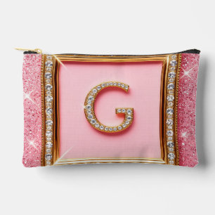 Pochette À Accessoires Initiale Diamant G Cadre Or Paillettes Roses Monog