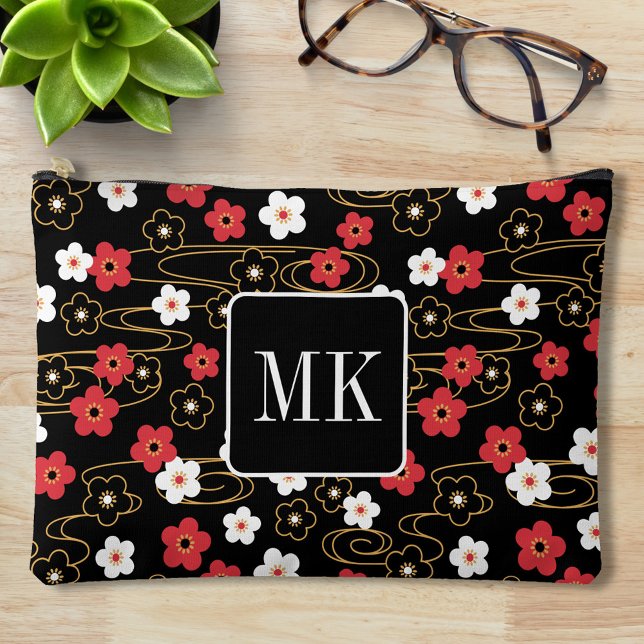 Pochette À Accessoires Initiales du monogramme noir Sakura en fleurs (Créateur téléchargé)
