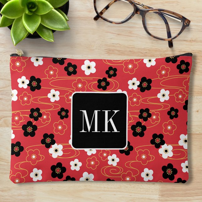 Pochette À Accessoires Initiales du monogramme rouge Sakura en fleurs (Créateur téléchargé)