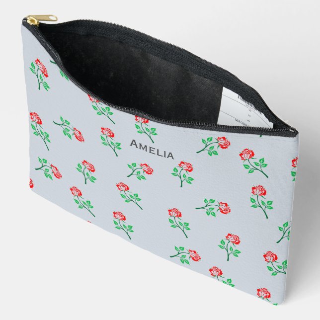Pochette À Accessoires Joli Motif rose rouge Pastel Blue Personnalisé (Ouvrir)