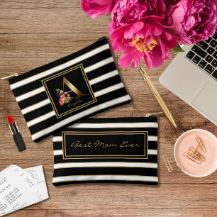 Pochette À Accessoires Lettre A Monogramme Floral Blancs Noir Or