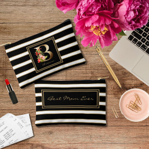Pochette À Accessoires Lettre B Monogramme Floral Noir Blanc Or rayures