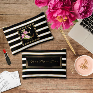 Pochette À Accessoires Lettre E Monogramme Floral Noir Blanc Or rayures
