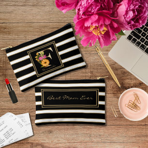 Pochette À Accessoires Lettre F Monogramme Floral Blancs Noir Or