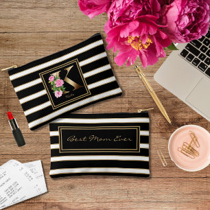 Pochette À Accessoires Lettre K Floral Monogramme Noir Blanc Or rayures