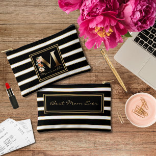 Pochette À Accessoires Lettre M Monogramme Floral Blancs Noir Or