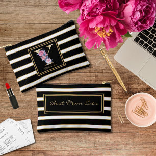 Pochette À Accessoires Lettre Y Monogramme Floral Noir Blanc Or rayures