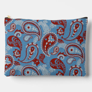 Pochette À Accessoires Linocut traditionnel Paisley Rouge Bleu Blanc