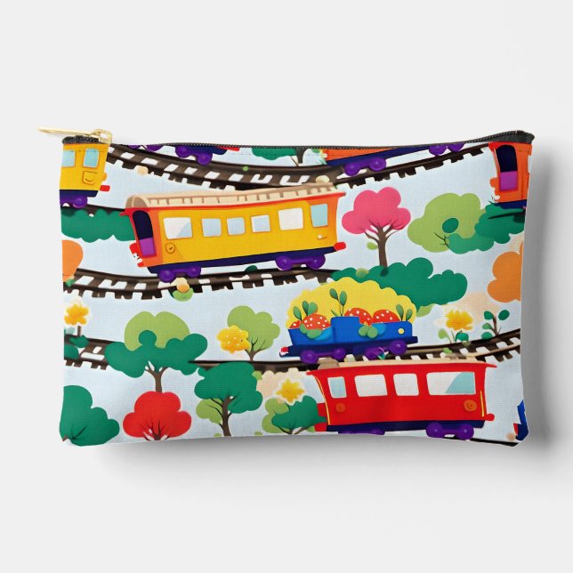 Pochette À Accessoires Mignons trains et arbres bleu motif (Recto)