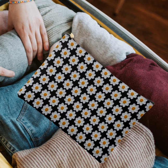 Pochette À Accessoires Modèle floral dahlia blanc sur noir (In Situ)