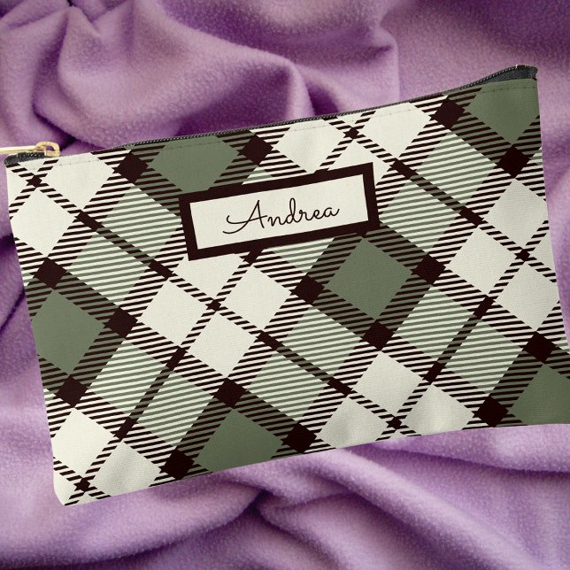 Pochette À Accessoires Moderne Classic Sage Vert Plaid Monogramme (Créateur téléchargé)