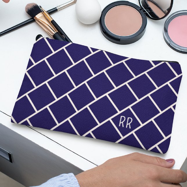 Pochette À Accessoires Monogram Beige & Navy Blue Stylish Trellis Pattern (Créateur téléchargé)