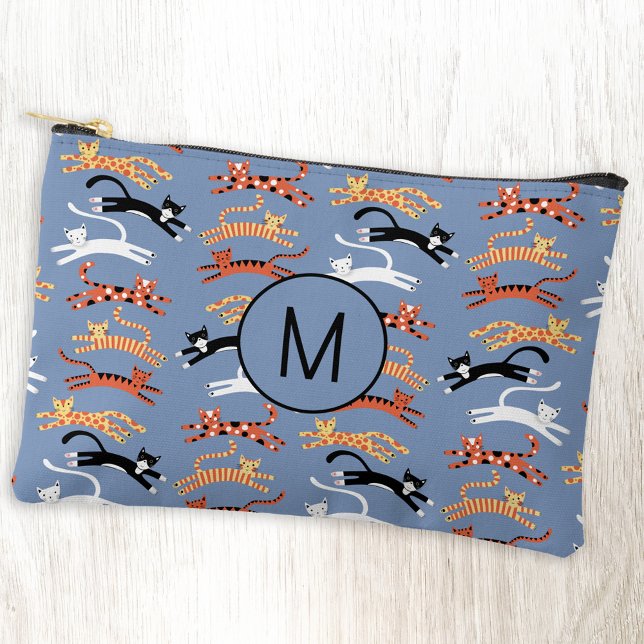 Pochette À Accessoires Monogramme Chat Kitty Initial Personnalisé (Personalized monogram initial fun kitty cat pattern blue accessory stationery or toiletry bag)