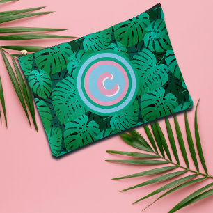 Pochette À Accessoires Monogramme de feuilles vertes tropicales d'été 