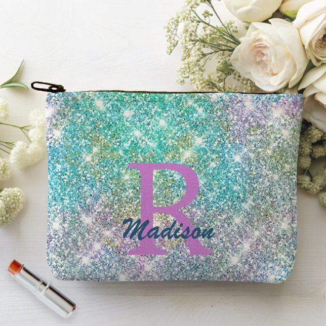 Pochette À Accessoires Monogramme de la fausse parties scintillant bleue  (Créateur téléchargé)