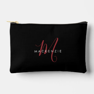 Pochette À Accessoires Monogramme Élégant Moderne Noir Rouge Script