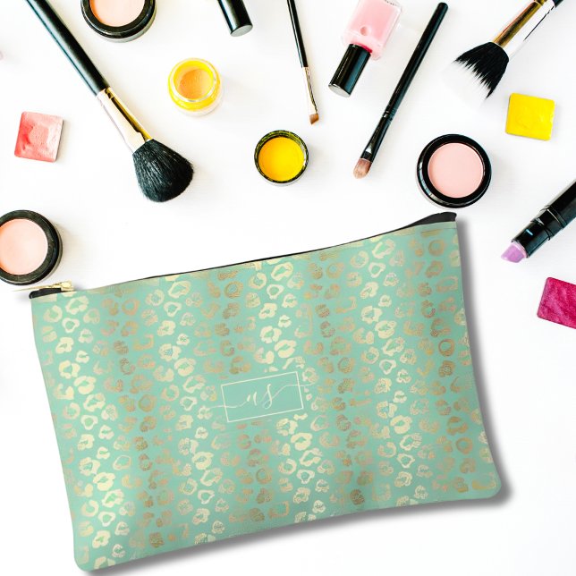Pochette À Accessoires Monogramme Empreinte de léopard vert de la menthe  (Créateur téléchargé)
