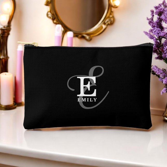 Pochette À Accessoires Monogramme et nom de la calligraphie stylisée noir (Personalize with your name and monogram initial.)
