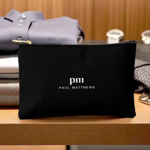 Pochette À Accessoires Monogramme et nom minimaliste simple noir