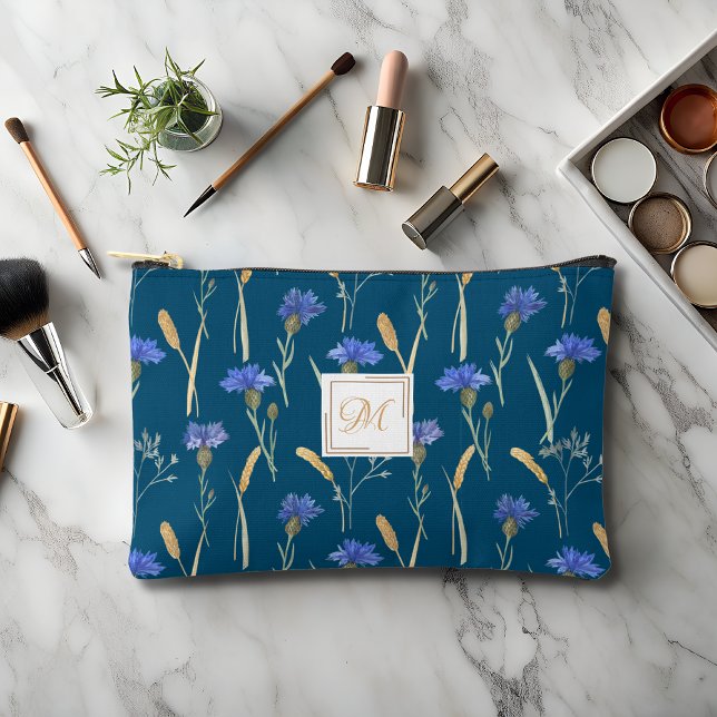 Pochette À Accessoires Monogramme Fleur sauvage Floral Bleu (Créateur téléchargé)