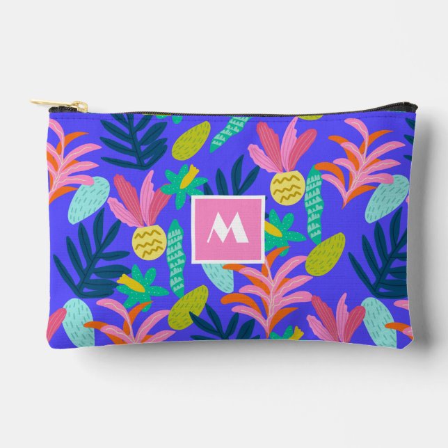 Pochette À Accessoires monogramme floral bleu chic motif tropical (Recto)
