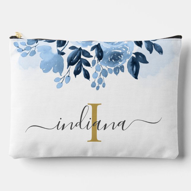 Pochette À Accessoires Monogramme floral bleu Dusty Botanique (Recto)