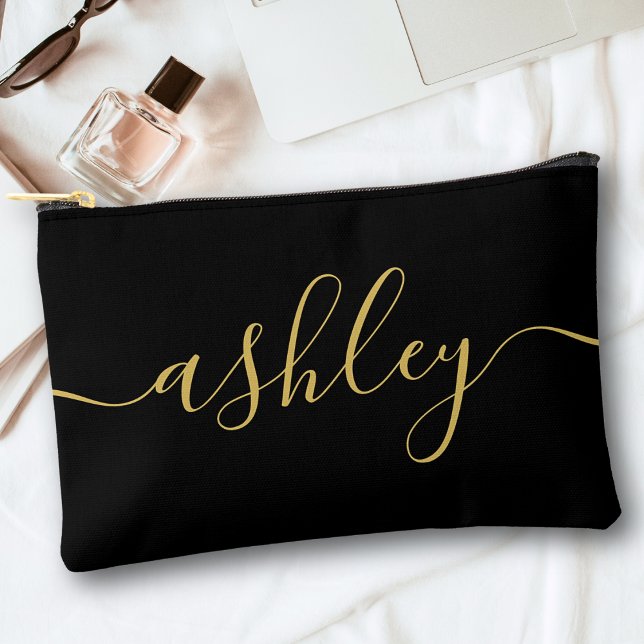 Pochette À Accessoires Monogramme Moderne Calligraphie Noir Gold Script (Créateur téléchargé)