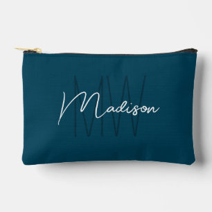 Pochette À Accessoires Monogramme Moderne Nom Script Bleu