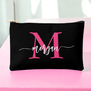 Pochette À Accessoires Monogramme noir rose chaud Nom de la fille Script