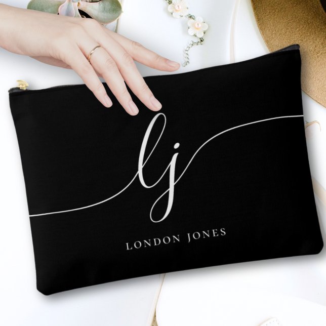 Pochette À Accessoires Monogramme Noir Stylish Calligraphie Initiales Nom (Créateur téléchargé)