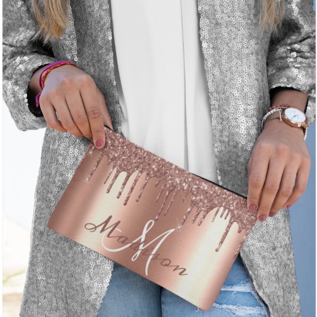 Pochette À Accessoires Monogramme Rose Doré Pailleté Regard Gouttes Fémin (Créateur téléchargé)