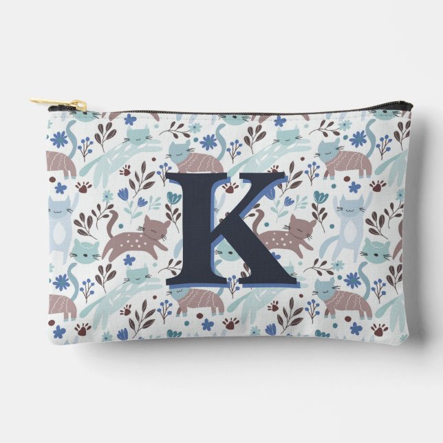 Pochette À Accessoires Motif de chat Whimsical, Monogramme gris bleu (Recto)