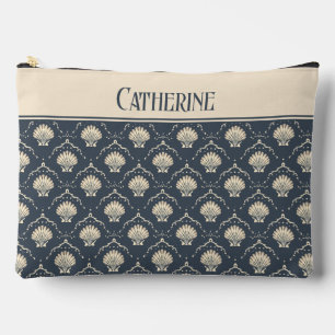Pochette À Accessoires Motif de coquillages bleu profond et crème
