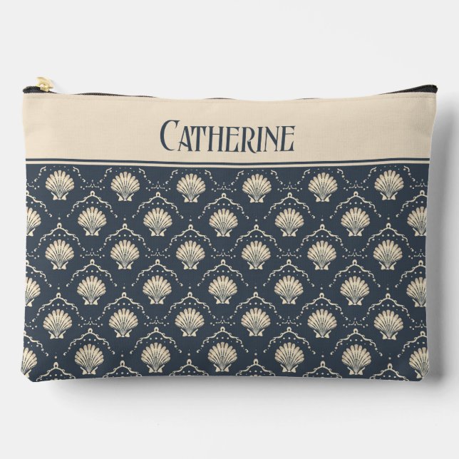 Pochette À Accessoires Motif de coquillages bleu profond et crème (Recto)