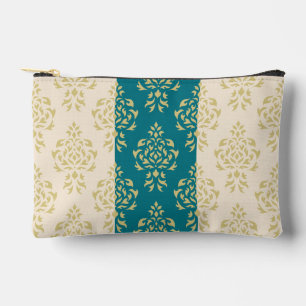 Pochette À Accessoires Motif de Damas de crête - Or sur Turquoise & crème