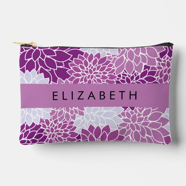 Pochette À Accessoires Motif De Fleurs, Dahlia Violet, Votre Nom (Recto)