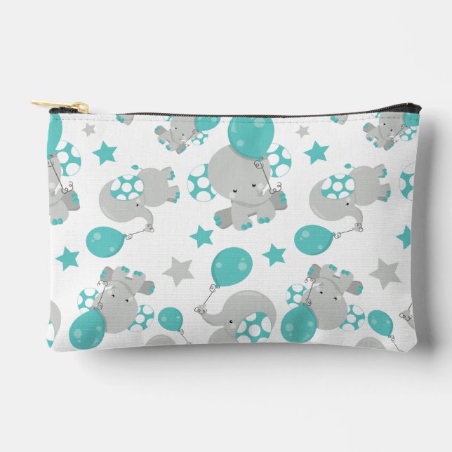 Pochette À Accessoires Motif Des Eléphants, Eléphants Mignons - Gris Bleu (Recto)