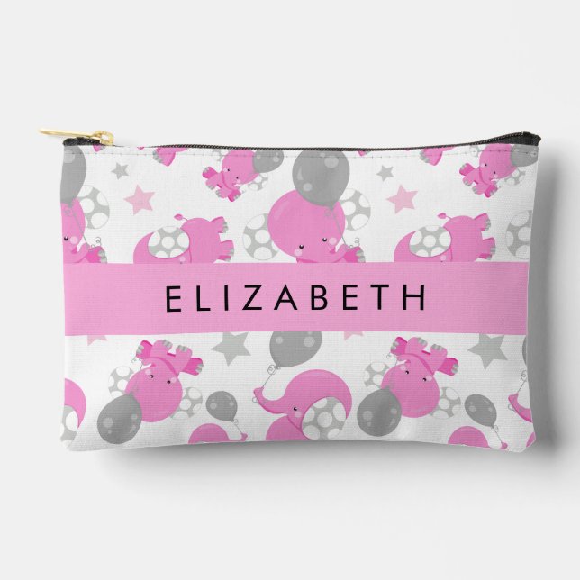 Pochette À Accessoires Motif Des Eléphants Roses, Étoiles, Votre Nom (Recto)