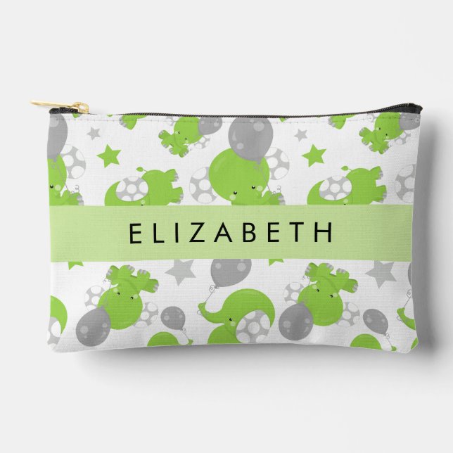 Pochette À Accessoires Motif Des Eléphants Verts, Étoiles, Votre Nom (Recto)