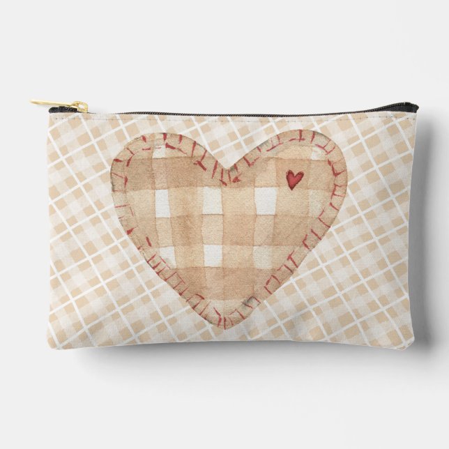 Pochette À Accessoires Motif écossais terreux Grand coeur Brown beige (Recto)