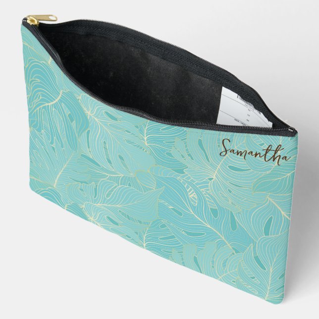 Pochette À Accessoires Motif Feuille  Abstrait bleu clair et or (Ouvrir)