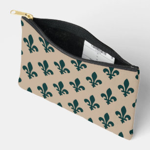 Pochette À Accessoires Motif Fleur de Lis, Vert Royal Français sur Crème