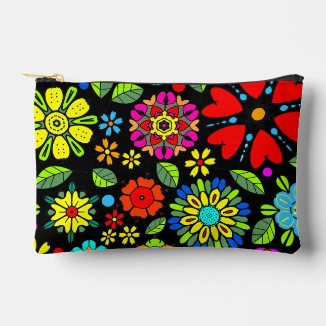 Pochette À Accessoires Neon Colors On Black Retro Floral Seamless Pattern (Recto)