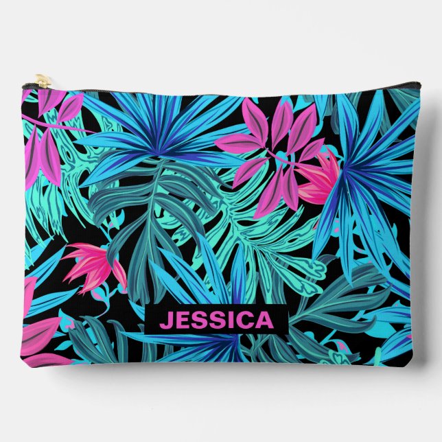 Pochette À Accessoires Neon Pink Blue Tropical Plant Pattern Personalised (Recto)