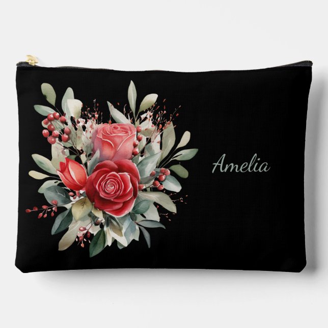 Pochette À Accessoires Noir Simple Et Élégant Avec Fleurs (Recto)