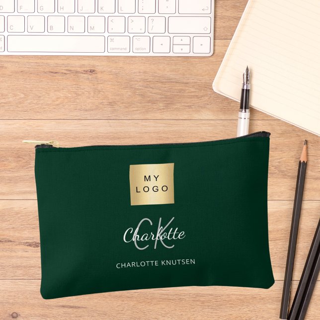 Pochette À Accessoires Nom du logo de l'entreprise verte monogramme (Créateur téléchargé)