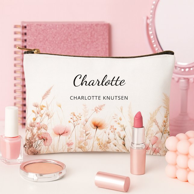 Pochette À Accessoires Nom monogramme fleur sauvage beige rose (Créateur téléchargé)