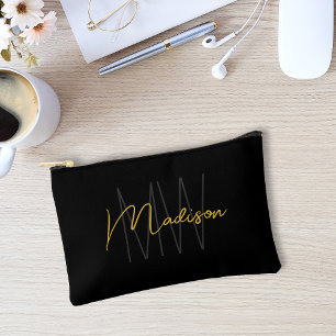 Pochette À Accessoires Nom Monogramme moderne Script Black Gold