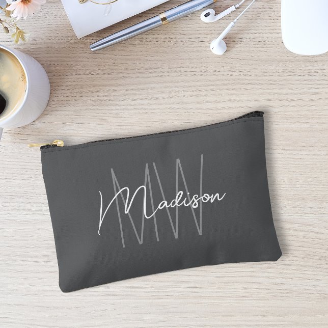 Pochette À Accessoires Nom Monogramme moderne Script Grey (Modern Monogram Name Script Gray Accessory Pouch)